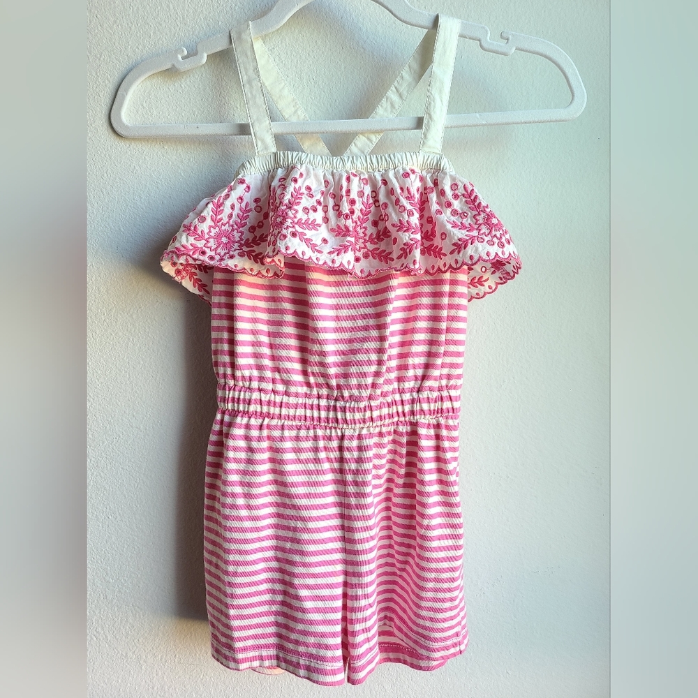 Hanna Andersson - Pink and White Striped Eyelet Cross Strap Romper, Sz 6-7
